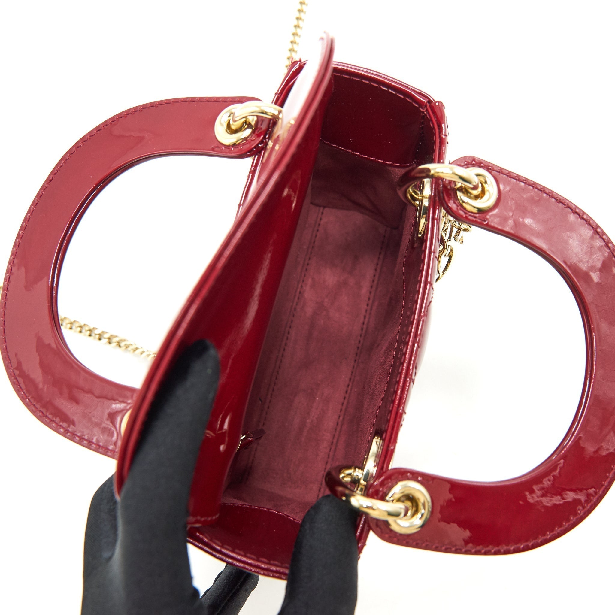 Lorenzia Mini Lady Dior Patent Leather Handbag Red Light Gold-Tone Hardware