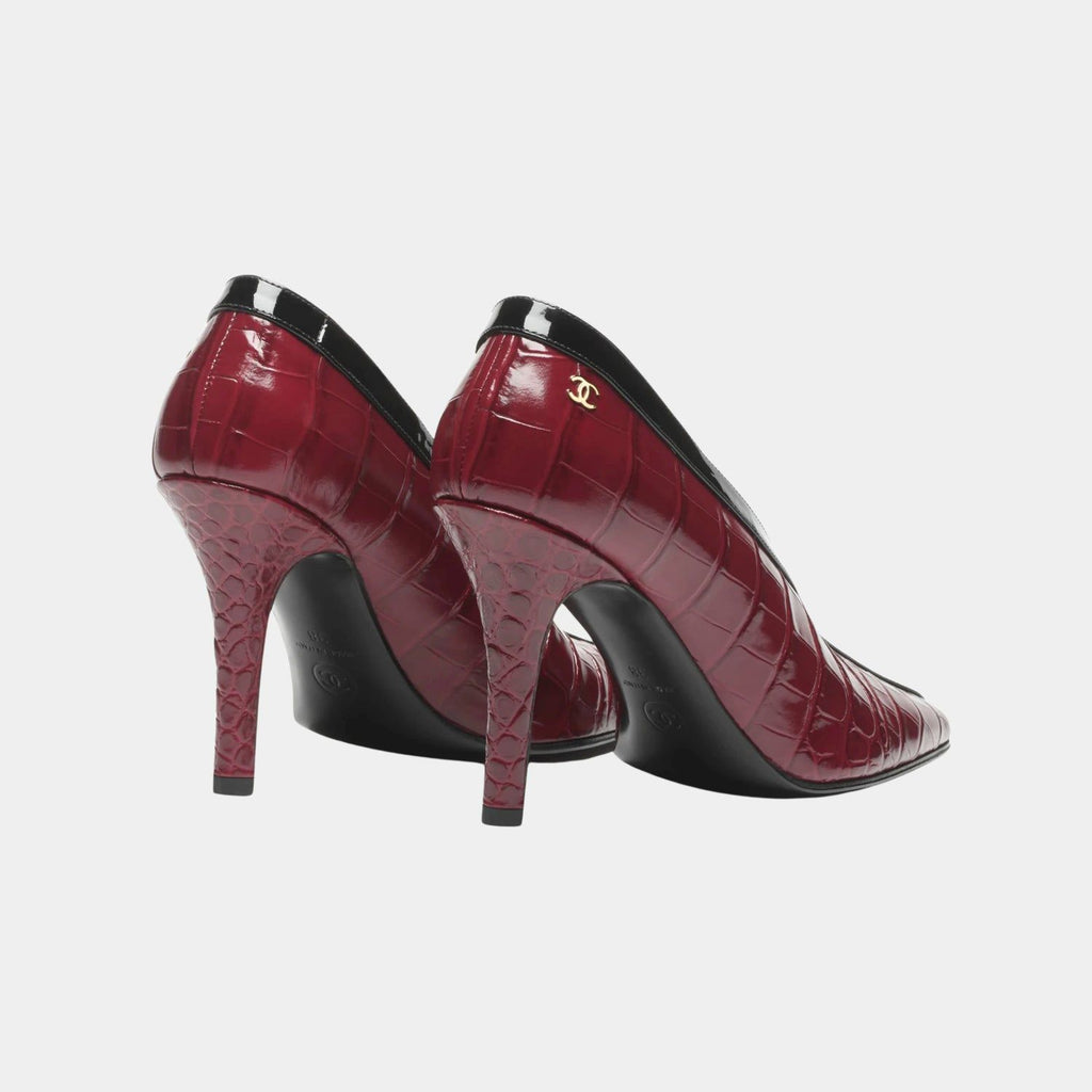 Chanel Crocodile Embossed Pumps Burgundy & Black