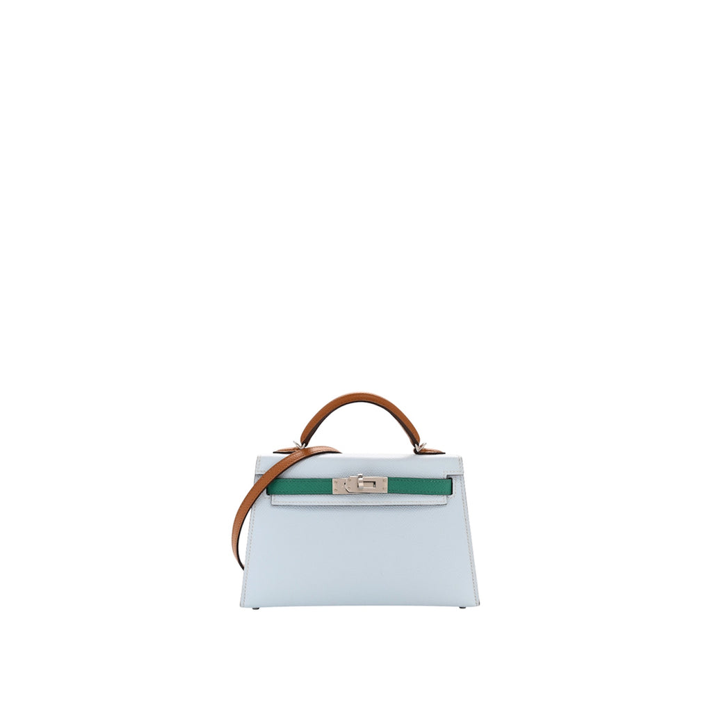 Hermès Mini Kelly Bleu Brume, Vert Jade, and Gold